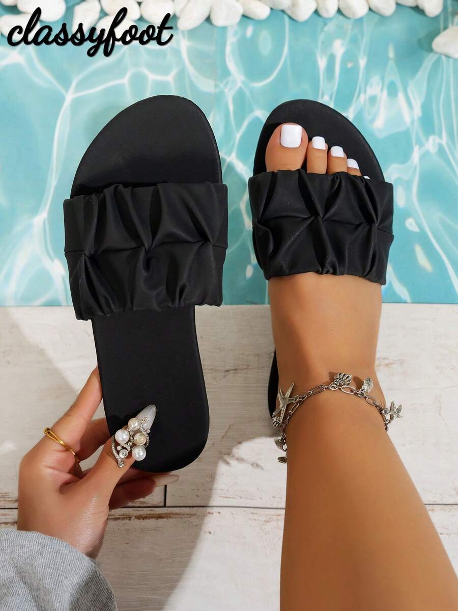 Wide Fit Women's Fashion Square Toe Pleated Flat Sandals, Summer Holiday Style PU Black Slide Sandals