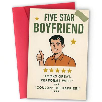 1pc Praise Funny Card, "5-Star Boyfriend, Looks Great, Performs Well, Couldn't Be Happier", Cartoon Boyfriend Thumbs Up Image, Suitable For Gifting To Boyfriend, Funny Card, Size 17*24cm/6.69*9.45inch, Durable Paper, Vibrant Printing.