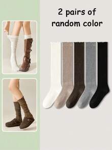 2 đôi tất nữ màu trơn, viền bèo, dài đến đầu gối, thoải mái và ấm áp, thích hợp để phối cùng bốt cưỡi ngựa, mùa thu/đông. - Nhiều màu - Xem 6
