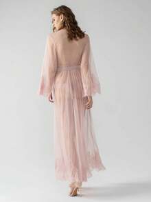 UPVV Lingerie For Women See Through Long Lace Kimono Robe Mesh Chemise With Sleeves Swimsuit Cover Up  Plain    Sheer    Sexy    Swimsuit Fabric    Long Sleeve    Long    Sheer Women's Robe - 藕粉色 - 查看 4