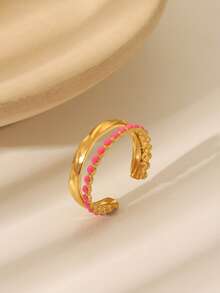 1pc Minimalist Stainless Steel 18K Plated Colorful Double Layer Open Ring For Women, Suitable For Daily, Festival, Wedding, Birthday Party Decoration, Jewelry Gift For Friends - Rose Red Dots - View 6