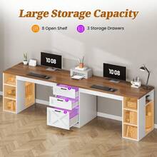 Farmhouse 96.5" Computer Desk With 3 Drawers, Gaming Double Desk With Storage Shelves, Long Two Person Desk For Home Office - White and Brown - 查看 5