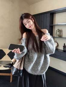2025年秋冬季女士宽松露肩粗针织毛衣 - 灰色 - 查看 3