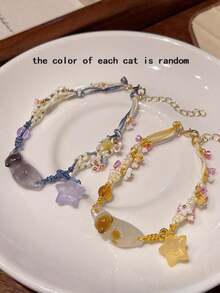 2pcs Handmade Woven Bracelet With Cute Cat & Star Pendant, Unique Gift For Best Friends, Wife, Festival, Animal Jewelry, 1 Blue 1 Yellow, Random Pendant Color - Nhiều màu - Xem 6