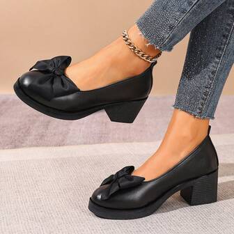 2025 Bow Decor Solid Color Slip-On Casual PU Leather High Heel Shoes, Spring/Autumn