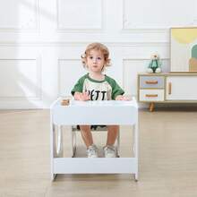 Kids Weaning Table And Chair Set, 3-Level Height Adjustable Chair & Activity Table With Fence, Step Stool, Natural Solid Wood Toddler Furniture For Mealtime Eating, Playing & Learning, Drawing - White - View 9