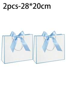 Bộ 5 túi quà tặng bằng giấy Kraft kiểu ngang, túi mua sắm có tay cầm, trang trí nơ, túi đựng kẹo Halloween, túi giấy trắng dung tích lớn, thích hợp cho Halloween, Lễ Tạ ơn, Giáng sinh, Năm mới, Đám cưới, Sinh nhật và các dịp khác, túi mua sắm màu trơn đơn giản. - Màu xanh lam - Xem 8