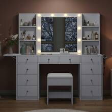 Yanosaku Vanity With Power Outlet, Vanity Desk With Mirror And 10 LED Lights, 10 Drawers Makeup Vanity With 6 Shelves, Fold-Up Panel, Vanity Table With Chair For Bedroom - 查看 8