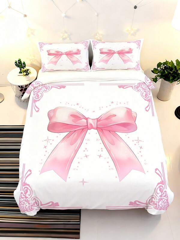 2/3PCS Pink Bow Bedding Set For Babies Elegant Bow Design Duvet Cover Set , Quilt Cover With Pillowcase Soft Microfiber Machine Washable For Girls Kids Pink Bedroom Decor (Twin/Queen/King Size)