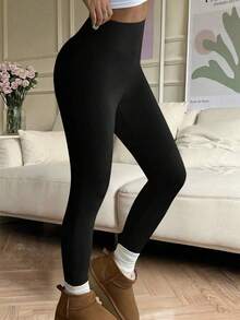 Women's Solid Color High Waist Leggings, Fitness Tight Pants, Soft Yoga Pants, Women's Clothing, Women's Leggings - Black - View 4