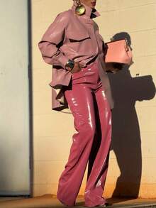 Women's Pink PU Leather Button-Front Oversized Long Sleeve Shirt Jacket - Versatile For Daily Outings, Commute & Travel - rosa - Visa 4