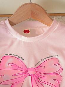 2pcs/Set Girls Cute Round Neck Bow Print Top + Fashionable Embroidered Bow Skirt Pants Outfit