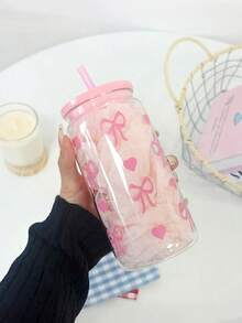 1pc 475ml/16oz Love Bowknot Plastic Water Cup, Bowknot Printed Drinking Cup, With Cover And Straw, Transparent Color Mason Cup, Ladies' Lovely Water Cup, Straw Cup, Iced American Coffee Cup, Milk Cup, Drink Cup, Suitable For Coffee - Nhiều màu - Xem 12