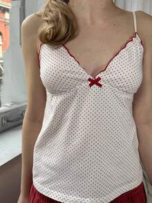 Womens Polka Dot Print Crop Camisoles Tank Tops Spaghetti Straped Deep-V Neck Bow Cami Streetwear Party Clubwear Going Out Tops Vacation Outfits Women, Holiday Outfits Women, New Years Outfits Women - 彩色 - 查看 3