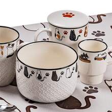 ZYLX SHOPPING – Taza cerámica 380 ml con diseño de gatos, relieve decorativo y asa grande para café o té - Blanco - Ver 6