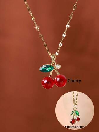 1 pieza Collar con colgante de cereza dorada de estilo vintage de lujo para mujer, adecuado para uso diario, festivales y fiestas
