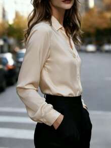 Women's Silky Blue Button Down Long Sleeve Shirt Collar Blouse Elegant Polyester Top With Regular Fit Spring - Apricot - View 3