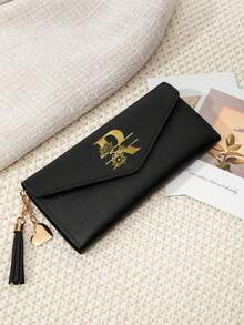 Personalized Synthetic Leather Wallet, Customizable Gold Foil Long Wallet With Cash & Card Slots, Customizable A-Z Initial Name & Heart Tassel Pendant, Perfect Gift For Girlfriend, Women's Wallet, Red Wallet, Local, School Supplies, Back To School, School Gift, Office, School, Classroom, Teacher Gift - Multicolor - View 3