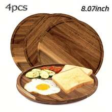 4pcs Mimosa Wood Round Plates, 8.07in*8.07in Size, Perfect For Snacks, Drinks, Sushi, Steak, Pizza, Desserts, Cakes And Breads - Ideal For Breakfast, Coffee, Tea - Great For Home Decor, Kitchen Supplies, Holiday Gatherings, Kitchen And Dining Essentials - Ginger - View 3