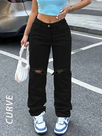 大码女式 Y2K 膝盖破洞修身直筒锥形牛仔裤妈妈牛仔裤