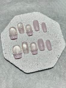 10pcs Pink Heart Princess Bow Handmade Press-On Nails, Shiny Cat Eye Short Fake Nails, Elegant Cute Pearl French Manicure Supplies (1pc Jelly Sticker + 1pc Nail File) - Pink - View 10