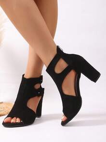 青少年露趾交叉高跟凉鞋，简约舒适女士绑带高跟凉鞋，镂空时尚露趾鞋，时尚粗跟高跟凉鞋，适合派对、宴会、通勤、上学、夏季等各种场合，女士鞋，女鞋，女士乐福鞋，学生鞋，派对鞋，女鞋，高跟鞋，圣诞鞋，黑色鞋，鞋子 - 黑色 - 查看 5