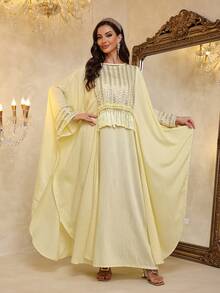 2026 New Style Ramadan Traditional Elegant Silver Beaded Embroidered Arabic Women's Dress, JALABIA Fringe Tie Belt Open Slit Sleeve Hem Robe Round Neck Solid Sleeveless Dress, Luxurious Ramadan Vibe - Yellow - View 7