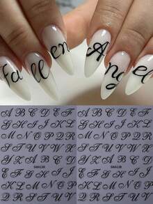 2PCS Black English Letters Nail Stickers Retro English Alphabet Nail Art Decals Self-Adhesive Letter Sliders DIY Charms Decoration Manicure Nail Accessories For Women Girls - 黑色 - 查看 2