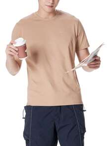 CAMEL CROWN 男士短袖T恤，休闲纯色圆领上衣，夏季 - 卡其色 - 查看 4