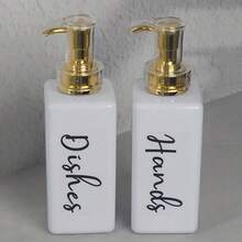 2 pièces Distributeur de savon pour les mains et la vaisselle dans l'évier ou sur le plan de travail de la cuisine, contenant de 500 ml pour le liquide vaisselle, avec pompe, carré doré, blanc et transparent (avec étiquette) - Multicolore - Voir 4