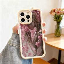 Cubierta de telefono con borde negro y diseño de flor de cerezo rosa y figura femenina estilizada para uso diario y trabajo - Blanco - Ver 7