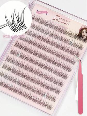 110pcs Self-Adhesive False Eyelashes, Natural Look, Pre-Glued, 10-12mm, DIY Eyelash Extension Kit With Tweezers, No Glue Needed, Suitable For Daily Use, Korean/Japanese Makeup Tools