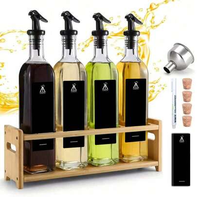 SAEIV Vinegar And Oil Bottle Set (4 X 500ml) With Warm Yellow Bamboo Shelf, Oil Bottle With Spout, Oil Dispenser With Label, Oil Pourer, Funnel, Pen; Helps With The Tidy Arrangement Of Kitchen Oil And Vinegar Dispensers