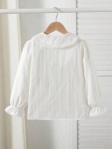 Girls' Sweet Bowknot Collar Ruffle Trim Blouse, Spring - White - View 2