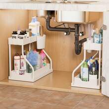 Aoshet 2 Tier Under Sink Storage Organizer, Kitchen Organization And Storage,Plastic Sliding Drawer, Multi-Purpose Rack For Bathroom & Kitchen, Black/White Cabinet Organizer - Phiên bản nâng cấp màu trắng (dày hơn) - Xem 2