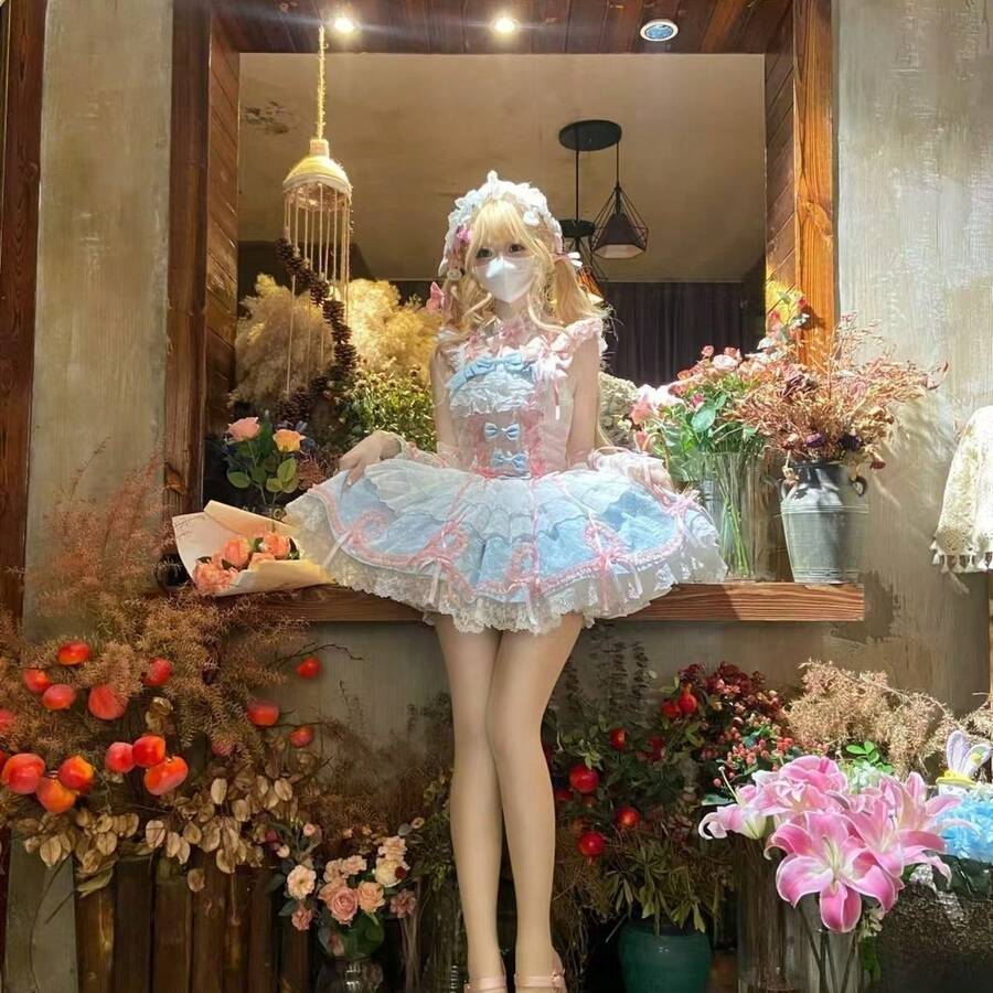 Loli Cat Original Full Dress Dress Bow Lolita Pink Blue Complete Set Other - Bộ sưu tập đầy đủ màu hồng và xanh dương - Xem 1
