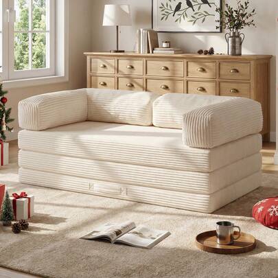 5-In-1 Convertible Sofa Bed Queen,Tri-Fold Mattress With Removable L-Shaped Armrests,Corduroy Boneless Couch Floor Sofa Futon Couch Sleeper With Pull Out Bed For Living Room Bedroom Apartment