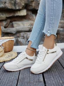 Women's Retro Style White Sneakers, Flat Casual Lace-Up Shoes, Fashion Lightweight Comfortable Trainers, Versatile For Spring/Autumn, Outdoor Sports, Decorated With Metal Trim And Side Zipper - White - View 5