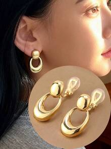 1 Đôi bông tai mặt dây chuyền hình học trơn mượt thời trang dành cho nữ, bông tai kẹp kiểu dáng thanh lịch, có tác dụng làm thon gọn, phù hợp để đeo hàng ngày và làm quà tặng dịp lễ. - Kẹp tai - Xem 1