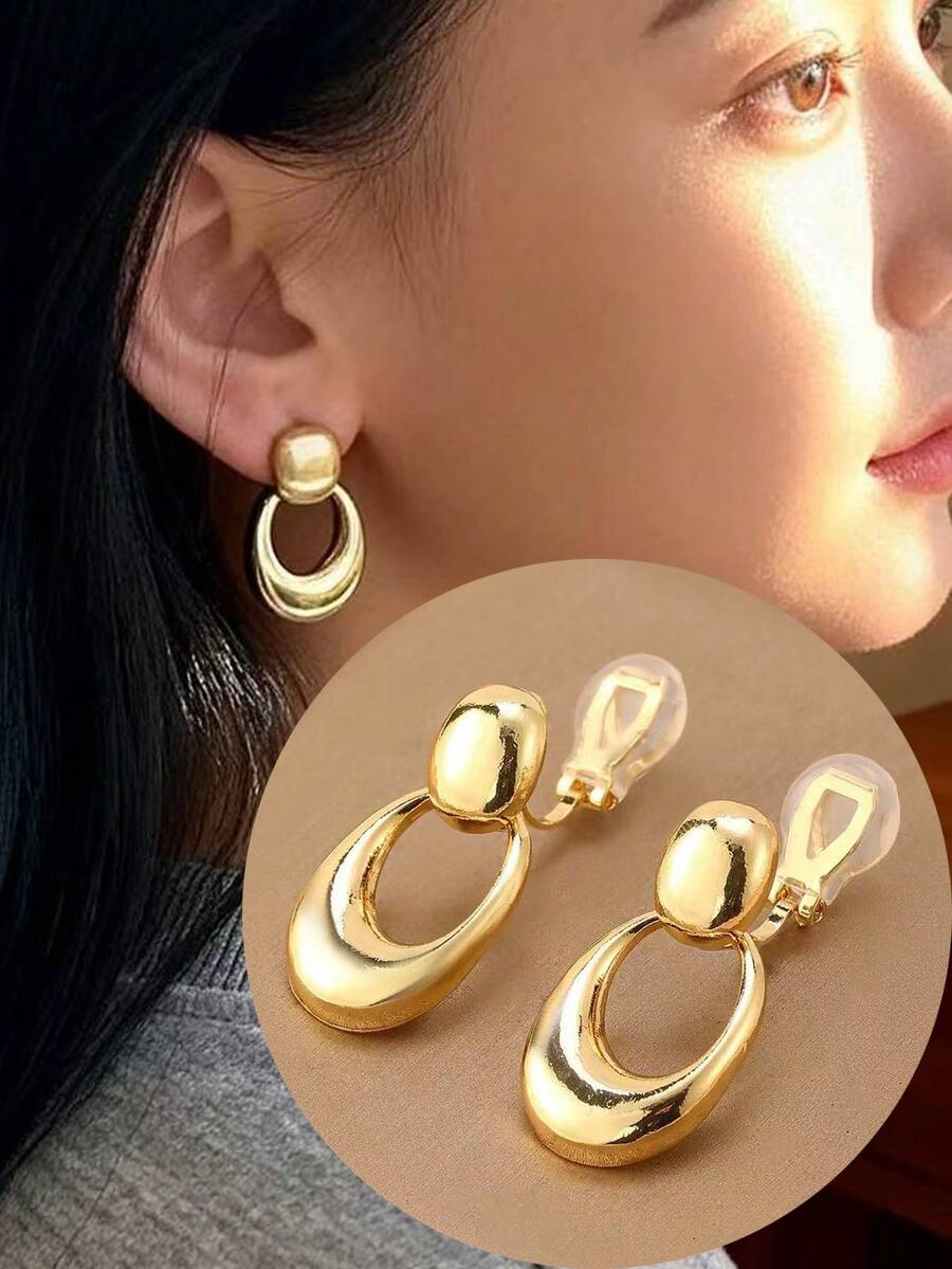 1 Đôi bông tai mặt dây chuyền hình học trơn mượt thời trang dành cho nữ, bông tai kẹp kiểu dáng thanh lịch, có tác dụng làm thon gọn, phù hợp để đeo hàng ngày và làm quà tặng dịp lễ. - Kẹp tai - Xem 1