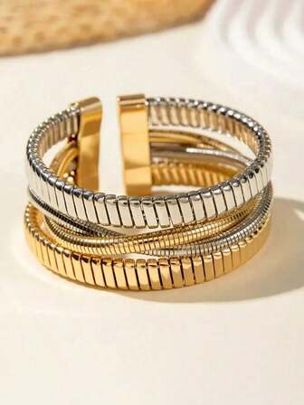 1 pieza Brazalete abierto de línea geométrica envuelto en múltiples capas, de estilo minimalista y elegante, adecuado para uso diario, fiestas y reuniones