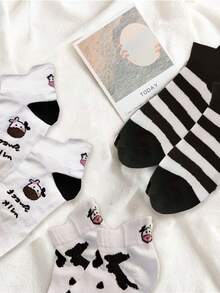 5 pares/10 pares (estilo aleatorio) Calcetines cortos de mujer con estampado de vaca en blanco y negro, estilo japonés lindo para primavera/verano
