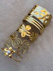 25/20/15/10/5件套多件可叠戴手镯套装，款式多样，包括复古、优雅几何、水滴形、花卉压纹、仿珍珠、心形、几何串珠、扭结、链条、扭绳、飞机、蝴蝶结、光滑素面等，时尚简约，优雅精致，复古设计，适合节日、派对、约会、送礼、日常佩戴。 - 金黃色 - 查看 3