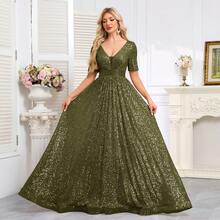 hezixi Elegant Sequin Patchwork Detail Halter Formal Dress, Suitable For Wedding, Party, Gala Dinner, Holiday, Music Festival, Wedding Guest, Cocktail Party, Night Out, Stage Performance, Birthday Party - Olive Green - View 10