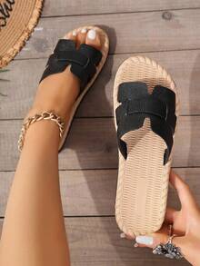 1 Pair Versatile Slip-On Sandals, Beige/Black/Brown, Cute & Fashionable For Teenagers, Summer New Arrival - Black - View 2