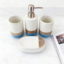 4pcs Bathroom Accessory Set, Stainless Steel Pump Head, Ceramic Material, Includes Tumbler + Toothbrush Holder + Soap Dispenser + Soap Dish, Durable And Suitable For Modern Bathrooms - Platinum - View 3