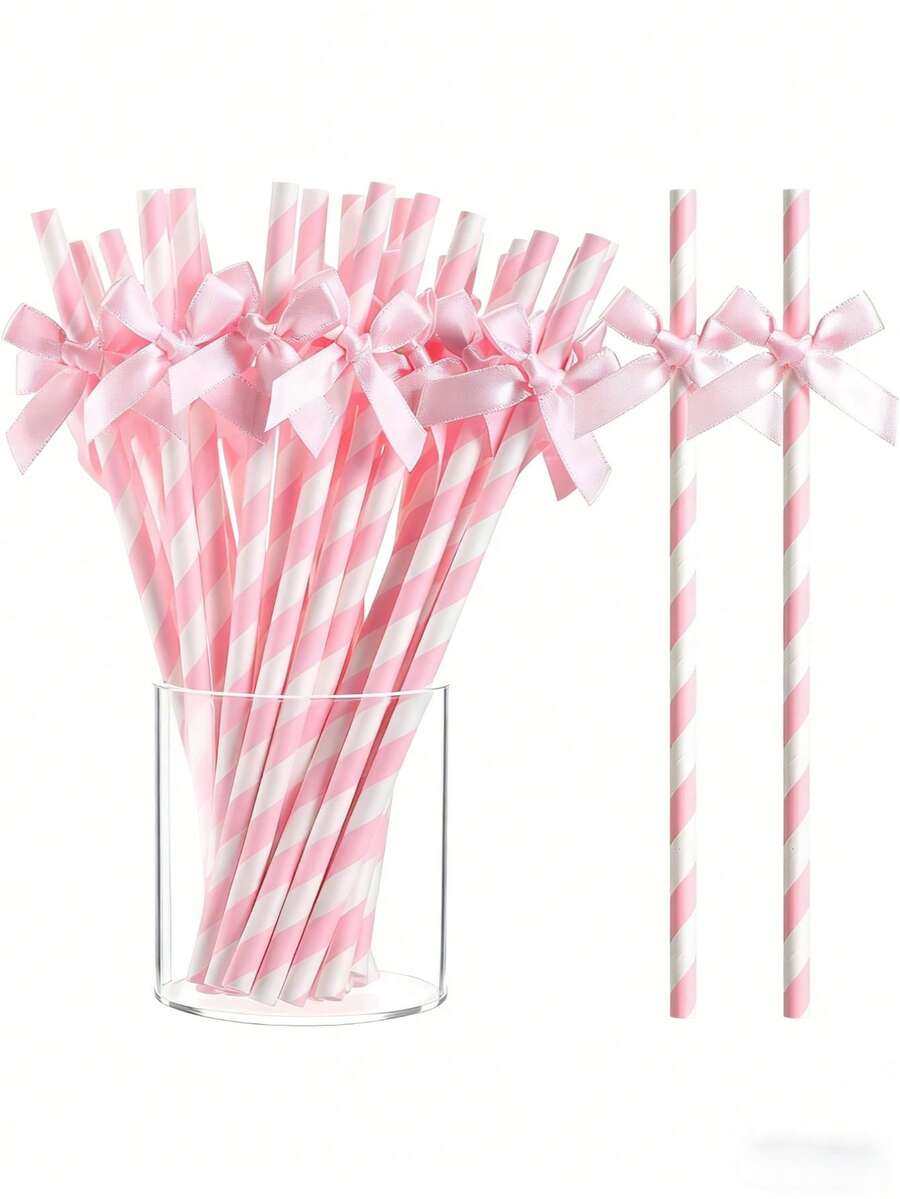 8/16 قش ورقي وردي مخطط مع فيونكة من الأطلس، مناسب لحفلات استحمام الطفل، عيد الميلاد، الزفاف، استحمام العروس، حفلة بموضوع الفراشة، هدية استحمام الطفل، ديكور حفلة الكشف عن نوع الجنين، لوازم حفلات العائلة - قوس وردي - مشاهدة 1