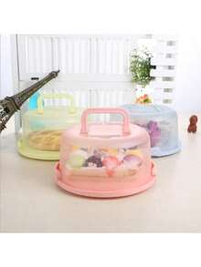 1pc Cake Storage Box Round Handheld Cupcake Container Cake Box Plastic Bar Kitchen Tool Birthday Suppily - Multicolor - View 4