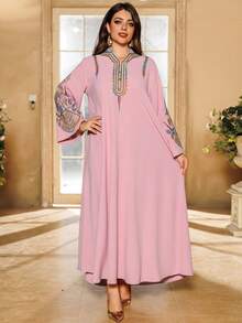 Un vestido largo de caftán árabe modesto con bordado de lentejuelas para mujer, vestido de noche, color rosa, primavera - Rosa - Ver 16