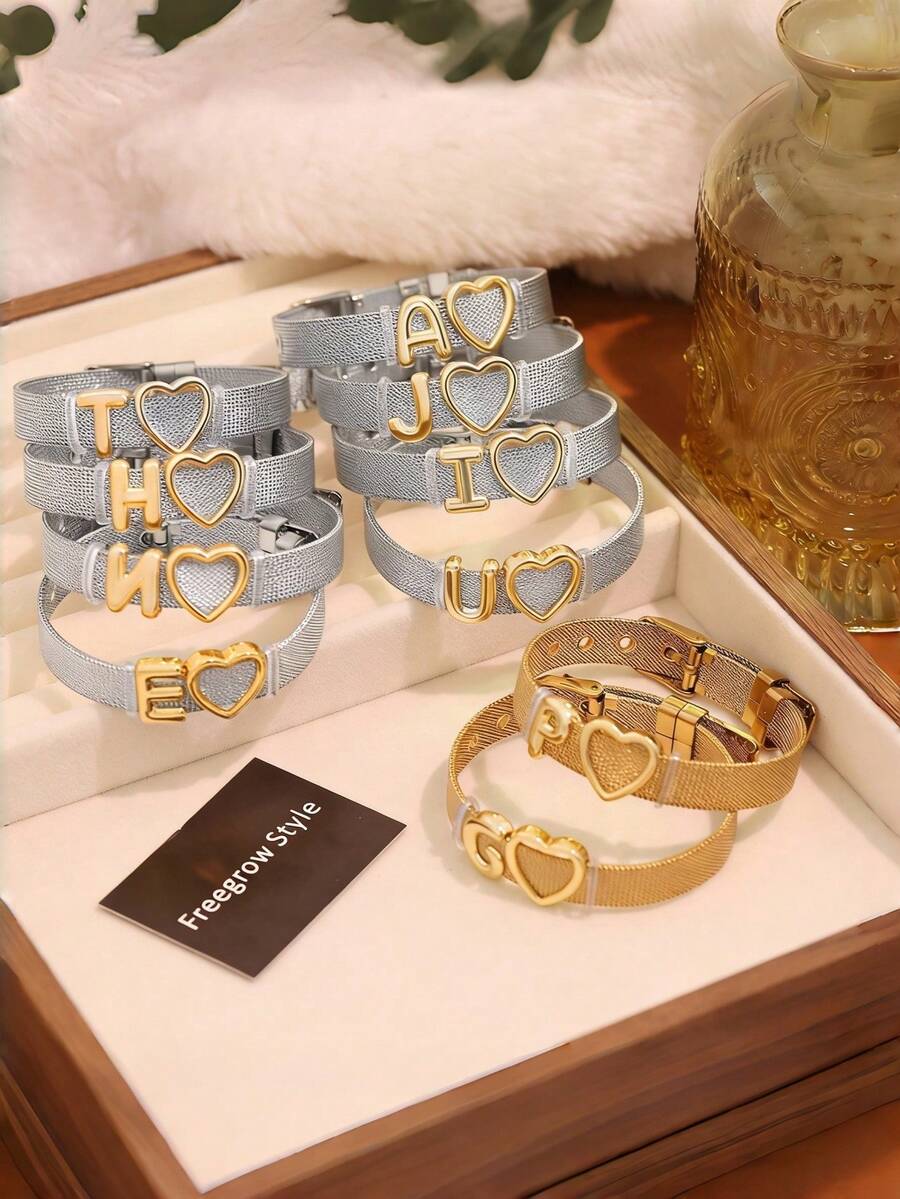 1pc Personalized 26 Letter Heart Adjustable Stainless Steel Bracelet, Luxury Niche Accessory, Fashion Durable, Unisex, Elegant Retro Charm, Suitable For Daily Wear, Party, Jewelry Festival Gift - Multicolor - View 1